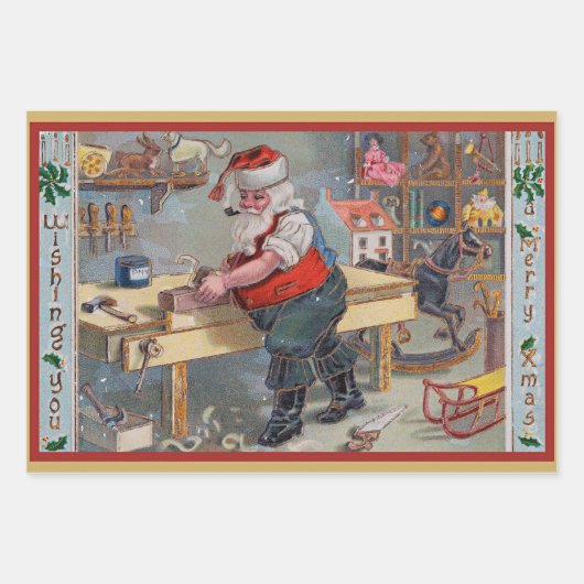 Santa in seiner Werkstatt, Frohe Weihnachten, Geschenkpapier Set (Vorderseite 2)