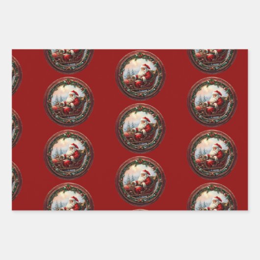 Santa in Sleigh Grußkarte Geschenkpapier Set (Vorderseite)