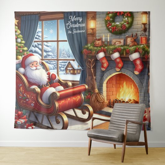 Santa in Sleigh Ruhen am Kamin Hintergrund Wandteppich (Beispiel (Horizontal))