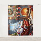 Santa in Sleigh Ruhen am Kamin Hintergrund Wandteppich (Vorderseite)