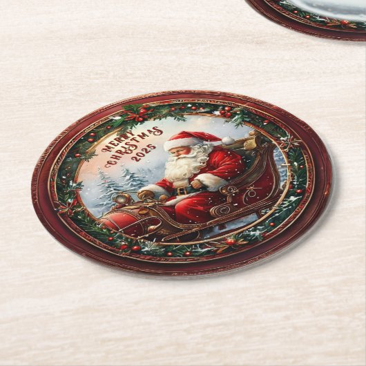 Santa in Sleigh Runder Pappuntersetzer (Angewinkelt)