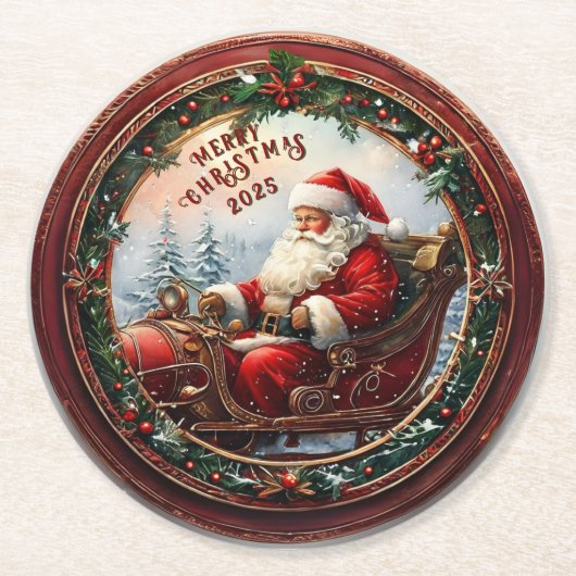 Santa in Sleigh Runder Pappuntersetzer (Vorderseite)