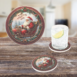 Santa in Sleigh Sandstone Getränkeuntersetzer