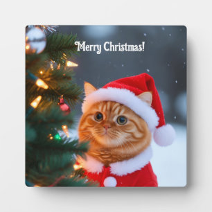 Santa-Katze neben Weihnachtsbaum Fotoplatte