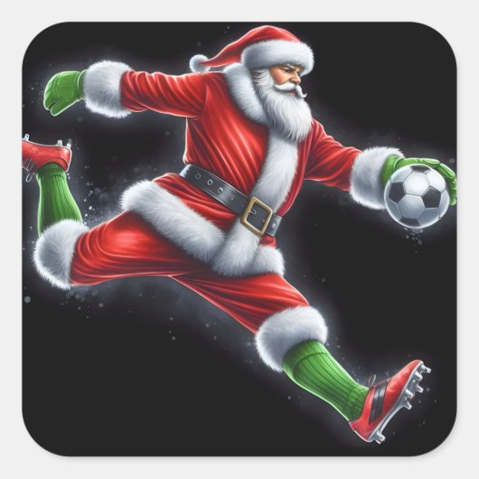 Santa Kicking a Soccer Ball im Freien Quadratischer Aufkleber (Vorderseite)