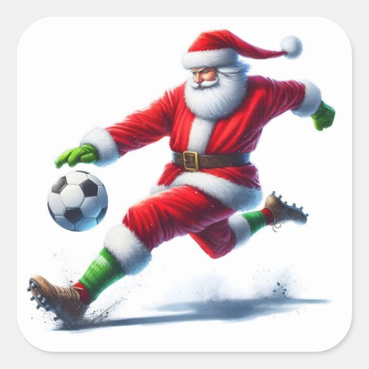 Santa Kicking a Soccer Ball im Freien Quadratischer Aufkleber (Vorderseite)