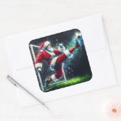 Santa Kicks a Soccer Ball in festlicher Atmosphäre Quadratischer Aufkleber (Umschlag)