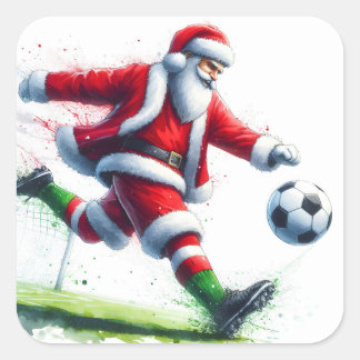 Santa Kicks Ball im Winter Fest Quadratischer Aufkleber