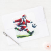Santa Kicks Ball im Winter Fest Quadratischer Aufkleber (Umschlag)