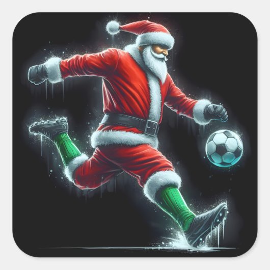 Santa Kicks ein Fußballball im Schnee Quadratischer Aufkleber (Vorderseite)