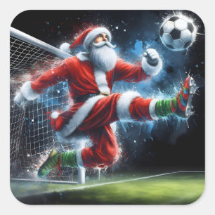 Santa Kicks ein Fußballball im Winter Quadratischer Aufkleber