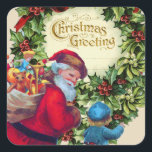 SANTA, KIND, CHRISTMAS CROWN, HOLLYBERRY, MISTLETO QUADRATISCHER AUFKLEBER<br><div class="desc">Vintages Weihnachtsdesign mit dem Weihnachtsmann</div>