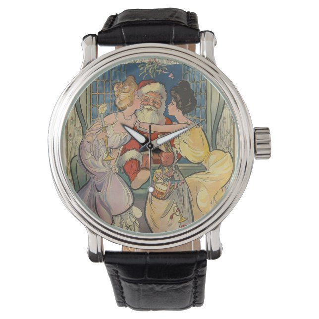 Santa Kissing Vintage Weihnachtskarte Armbanduhr (Vorderseite)