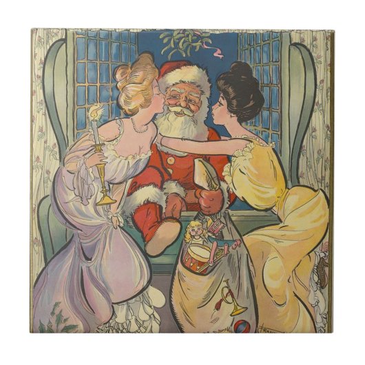 Santa Kissing Vintage Weihnachtskarte Fliese (Vorderseite)