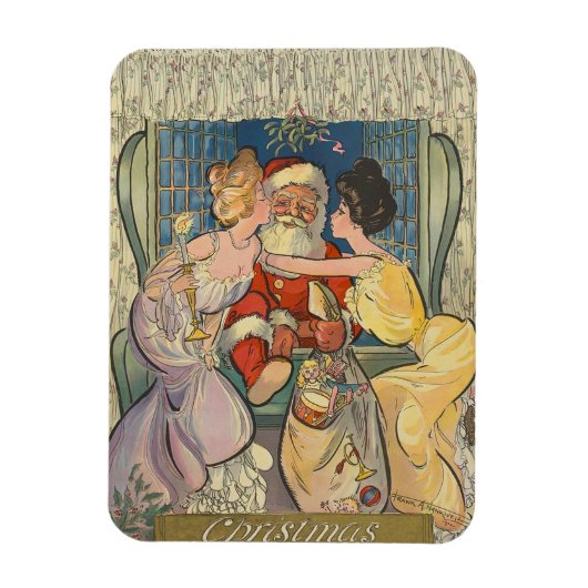 Santa Kissing Vintage Weihnachtskarte Magnet (Vertikal)