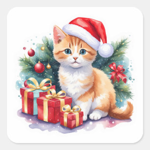 Santa Kitten (orange/weiß) mit Geschenken Quadratischer Aufkleber