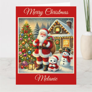 Santa, Kitten und Snowman in einer Weihnachtszeit  Karte