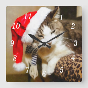 Santa Kitty Painterly Wall Clock Quadratische Wanduhr