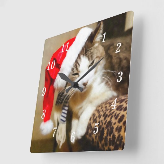 Santa Kitty Painterly Wall Clock Quadratische Wanduhr (Winkel)