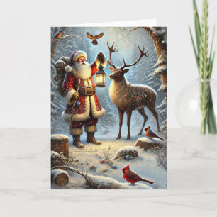 Santa Lantern Reindeer Birds Snowy Forest 1 Feiertagskarte