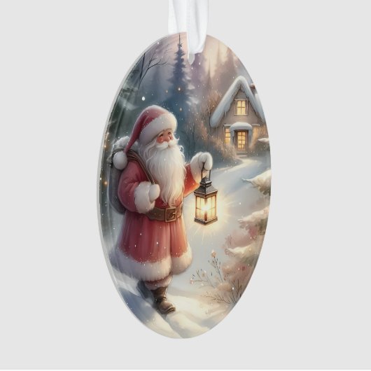 Santa Lantern Walk Winter Hütte Szene Ornament (Vorderseite)