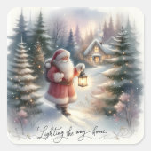 Santa Lantern Walk Winter Hütte Szene Quadratischer Aufkleber (Vorderseite)