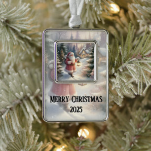 Santa Lantern Walk Winter Hütte Szene Rahmen-Ornament Silber