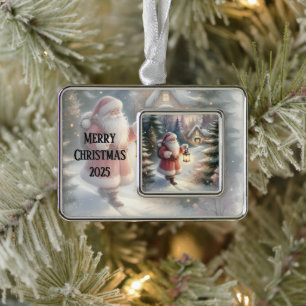 Santa Lantern Walk Winter Hütte Szene Rahmen-Ornament Silber