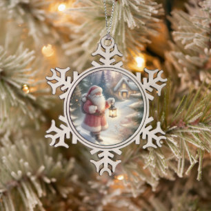 Santa Lantern Walk Winter Hütte Szene Schneeflocken Zinn-Ornament