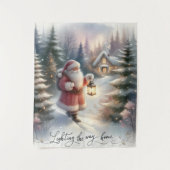 Santa Lantern Walk Winter Hütte Szene Wandteppich (Vorderseite)