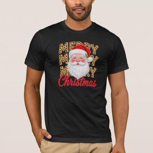 Santa Leopard Print MERRY CHRISTMAS T-Shirt (Vorderseite)