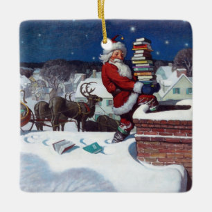 Santa liefert Bücher an Heiligabend Keramikornament