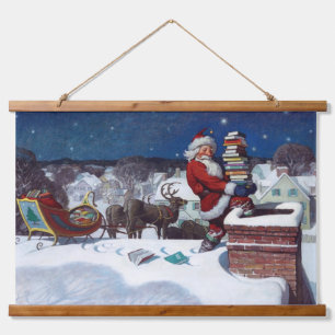Santa liefert Bücher von N.C. Wyeth, Wandteppich Mit Holzrahmen