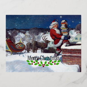 Santa liefert Bücher von Wyeth Folien Feiertagspostkarte