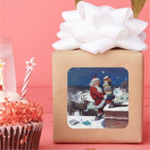 Santa liefert Bücher von Wyeth Quadratischer Aufkleber