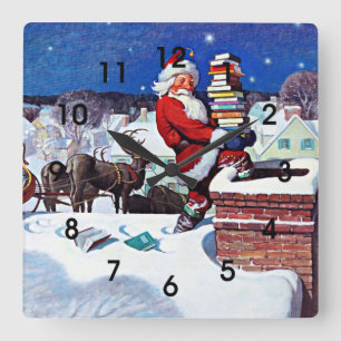 Santa liefert eine Ladung Bücher Quadratische Wanduhr