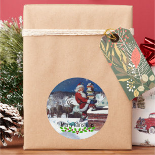 Santa liefert eine Ladung Bücher von Wyeth Runder Aufkleber