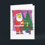 Santa Lighting a Menorah Feiertagskarte<br><div class="desc">Interfaith greeting card featuring Santa Lighting a Hanukkah Menorah in front of Christmas Tree.</div>