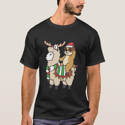 Santa Llama Meerkat Riding Reindeer Alpaca Christm T-Shirt (Vorderseite)