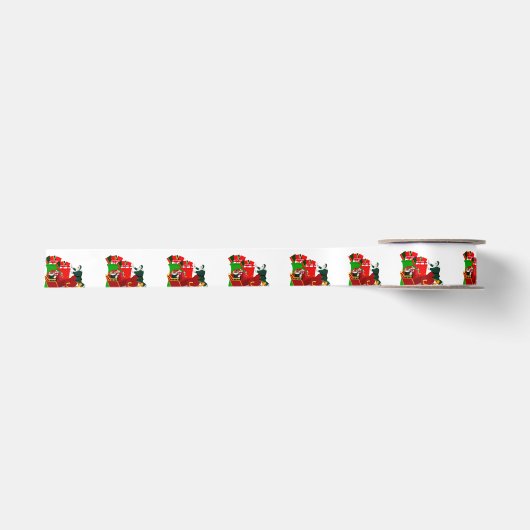 Santa Loading Sleigh White Ribbon Satinband (Vorderseite)