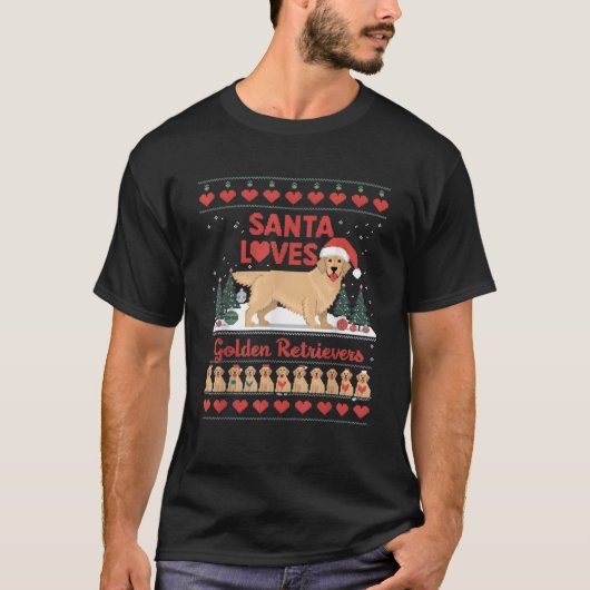 Santa Loves Golden Retrievers Ugly Christmas Funny T-Shirt (Vorderseite)