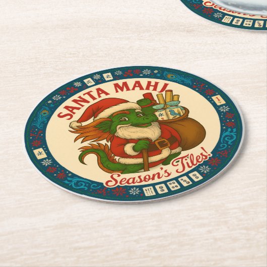 Santa Mahj Festive Round Paper Coasters Runder Pappuntersetzer (Angewinkelt)