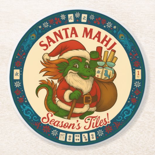 Santa Mahj Festive Round Paper Coasters Runder Pappuntersetzer (Vorderseite)