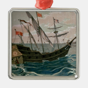 Santa Maria nähert sich der Küste des neuen W Silbernes Ornament