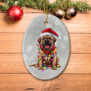 Santa Mastiff Dog in Weihnachtslicht ummantelt Keramik Ornament