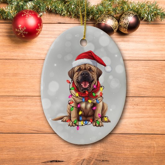 Santa Mastiff Dog in Weihnachtslicht ummantelt Keramik Ornament