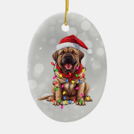 Santa Mastiff Dog in Weihnachtslicht ummantelt Keramik Ornament (Vorne)