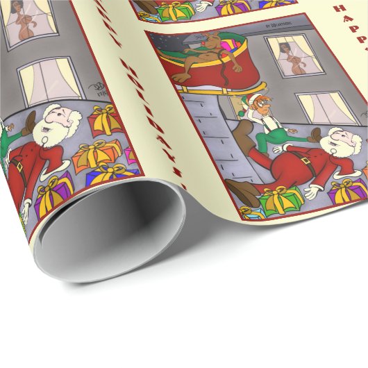 Santa Meeting Frau Santa Yellow Packaging Paper Geschenkpapier (Rolleneckpunkt)