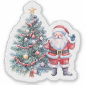 Santa mit Baum in Schneeszene Aufkleber (Vorderseite)