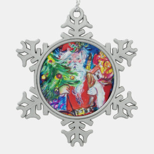 SANTA MIT CHRISTMAS BAUM UND GIFTEN SCHNEEFLOCKEN Zinn-Ornament